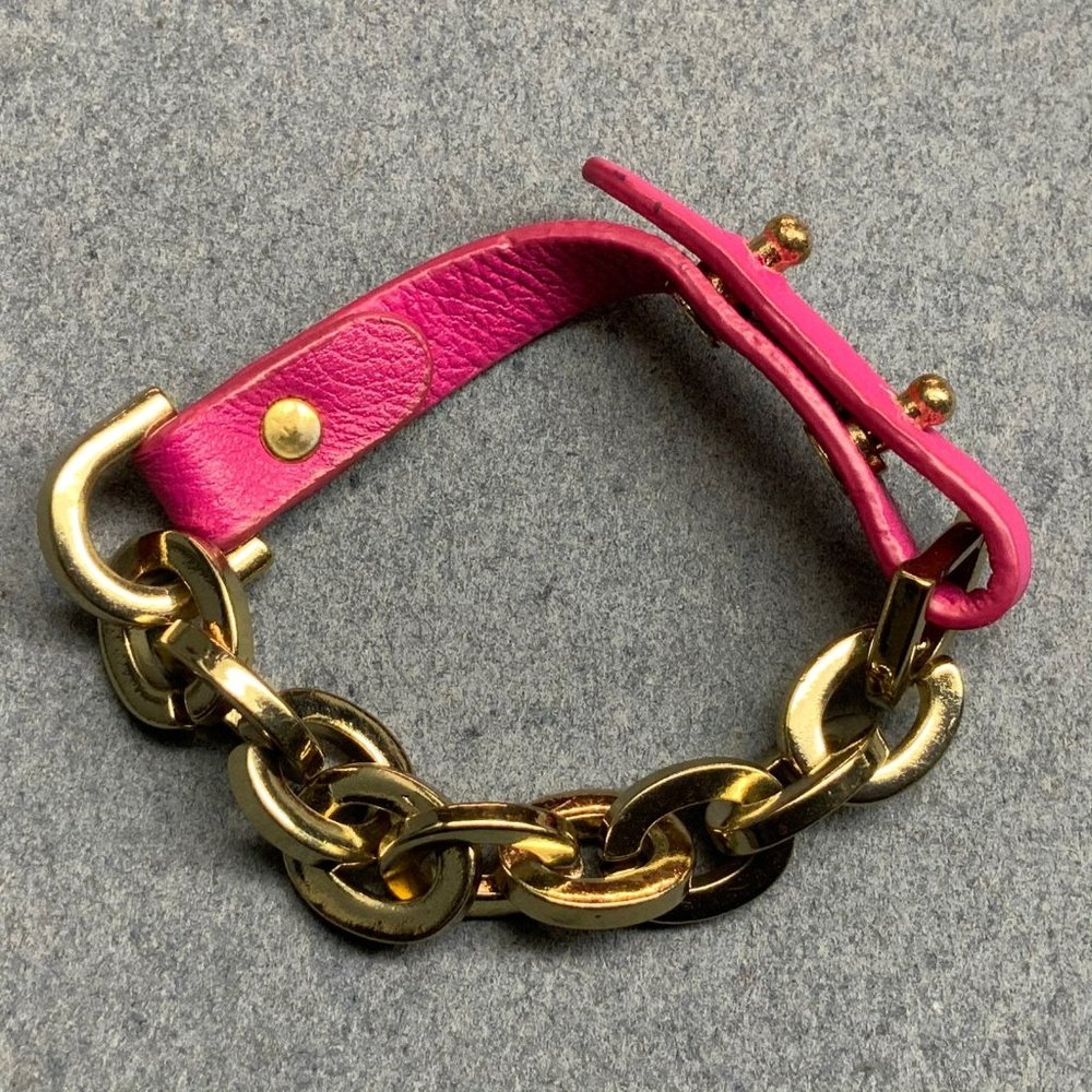 Hot Pink Leather Bracelet As Is Barbie Gold Chain Button Punk Retro 80s Goth